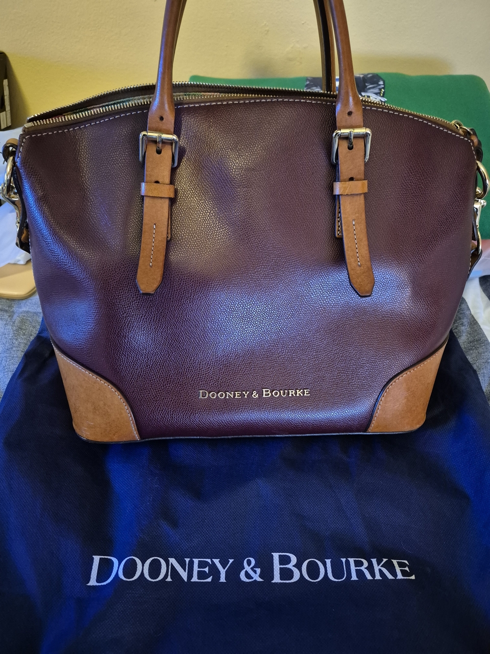 Dooney & Bourke Burgundy Leather Satchel with Tan Trim